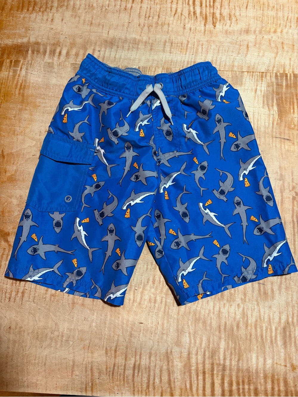 Boys Cat & Jack Blue Shark and Pizza Print Swim Shorts - size Medium (8-10)